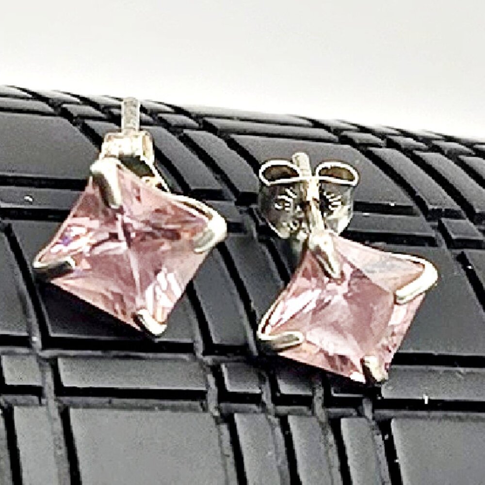 Vintage Sterling Silver Pink CZ Stud Earrings | 0.25" Princess Cut Cubic Zirconi
